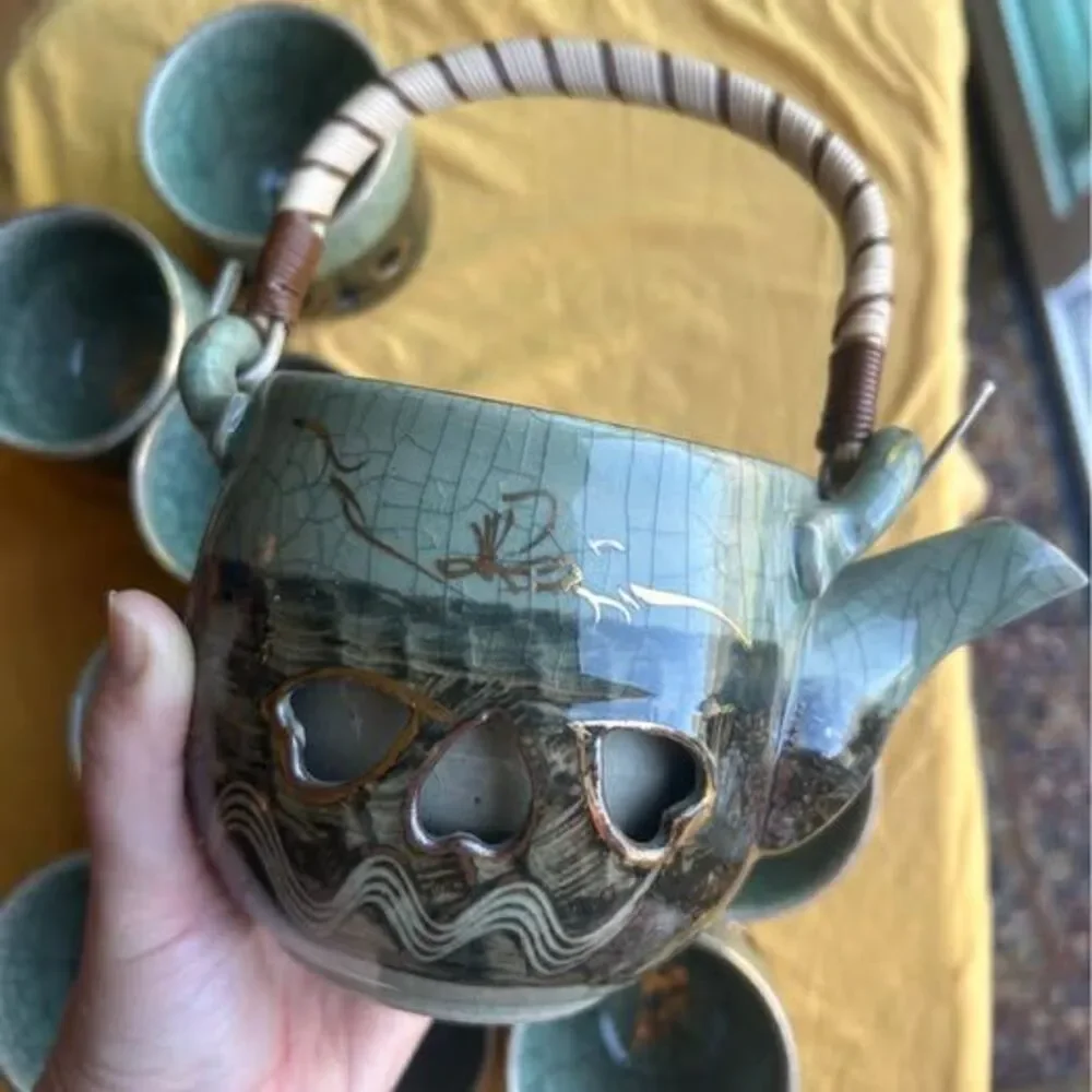 Vintage Obori Soma-yaki Double Walled Tea Set